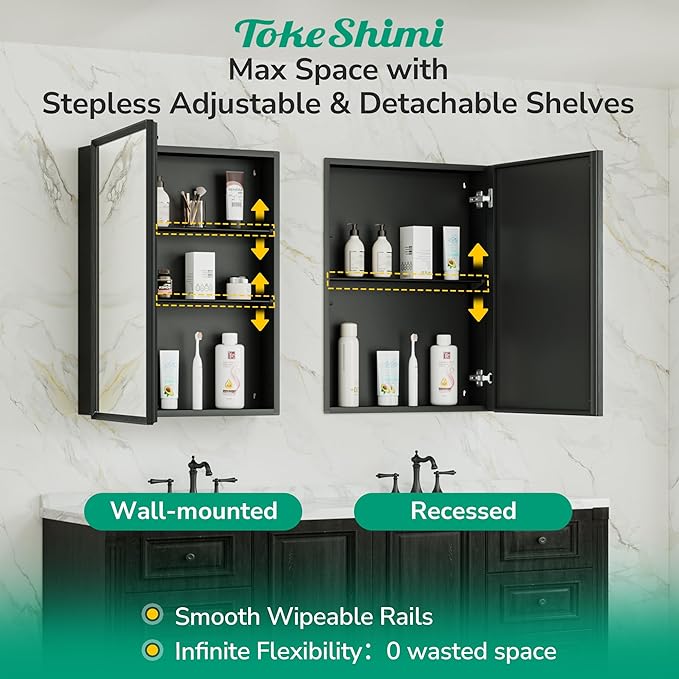 TokeShimi 40 x 26 Black Recessed Medicine Cabinet with Mirror, Assembly Required, Bathroom Medicine Cabinet with Mirror, Stepless Adjustable Shelves, Beveled Aluminum Frame, DTC Hinge