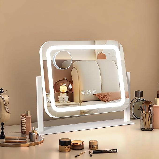 Ratsamee Vanity Mirror with Lights 14"×12", Led Makeup Mirror, Lighted Makeup Mirror with 3 Color Dimmable Lights, Smart Touch Screen Control, 360°Rotation