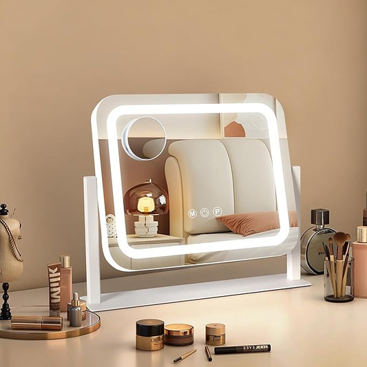 Ratsamee Vanity Mirror with Lights 14"×12", Led Makeup Mirror, Lighted Makeup Mirror with 3 Color Dimmable Lights, Smart Touch Screen Control, 360°Rotation