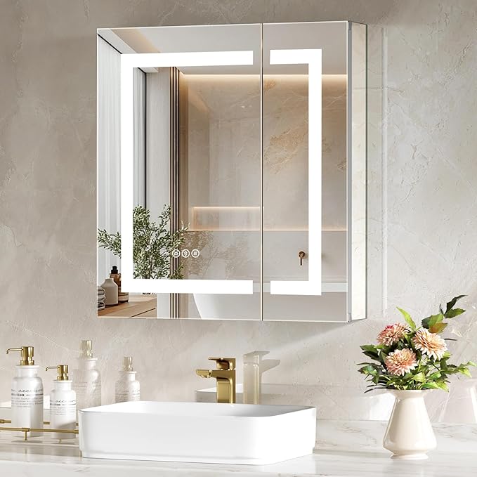 24x26 Inch Bathroom Medicine Cabinet with Mirror, Lighted Bathroom Mirror with Storage, Recessed /Surface Mount Medicine Cabinet with Socket & USB, Anti-Fog, 3 Colors Temperature, Dimmable Light