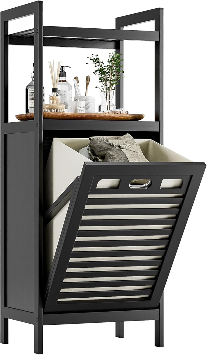 HITNET Tilt Out Laundry Hamper, Bamboo Bathroom Cabinet with Pull Out Removable Bag and 2 Tier Storage Shelves, 10 Gal Clothes Basket with Metal Handle, Black