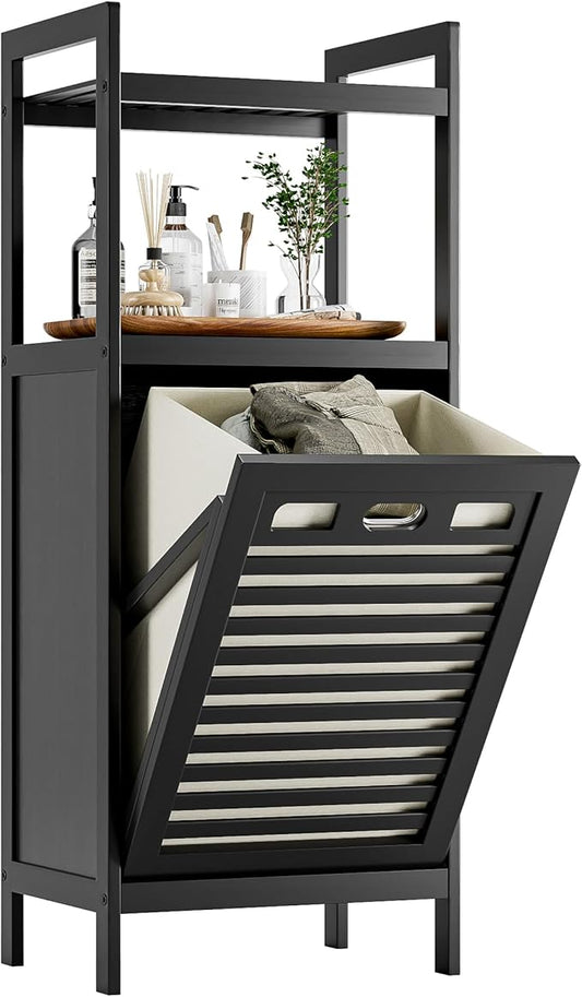 HITNET Tilt Out Laundry Hamper, Bamboo Bathroom Cabinet with Pull Out Removable Bag and 2 Tier Storage Shelves, 10 Gal Clothes Basket with Metal Handle, Black