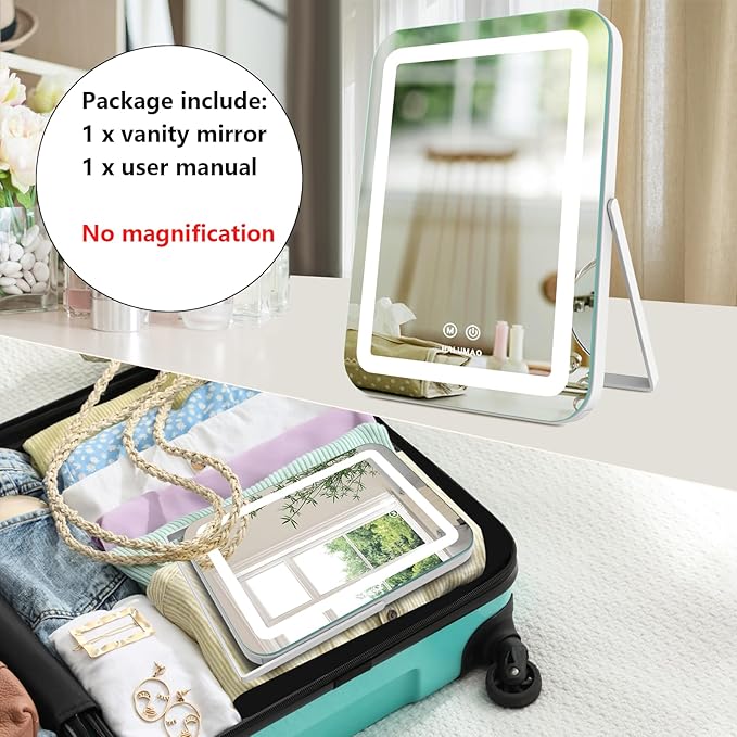 halumao 14.5" Rechargeable Vanity Mirror with Lights, 3500 mAh Lighted Makeup Mirror, Smart Touch 3 Colors Dimmable, Tabletop Mirror for Makeup Desk, Memory Function