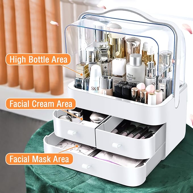 Skin Care Organizer Dustproof, Make Up Organizers and Storage with Lid, Skincare Organizers Preppy, Makeup Storage Box & Cosmetic Storage Box Waterproof for Vanity Countertop_White