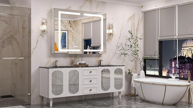 Keonjinn 40 x 32 Inch Medicine Cabinet with Lights with Defogger and Outlet, LED Medicine Cabinet with Mirror 3 Colors Dimmable, Tempered Glass Frontlit Mirror with Storage for Modern Decor