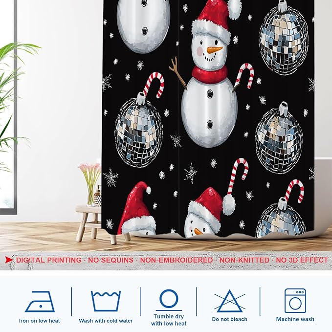 Shrahala Christmas Snowman Decorative Shower Curtain, Silver Disco Mirror Ball Bathroom Décor Polyester Fiber Waterproof with Plastic Rings for Shower Stall Bathtubs 72 x 60 in