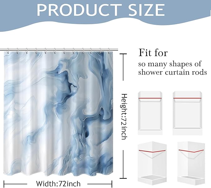 Mocsicka Blue Marble Shower Curtain for Bathroom, Abstract Blue and White Shower Curtain with 12 Hooks Modern Art Decor Waterproof Fabric Bath Curtain for Modern Bath Decor, 72 X 72 Inch