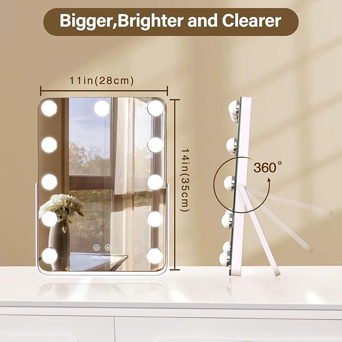halumao Vanity Mirror with Lights, Rechargeable Makeup Mirror, 14.6" Lighted Makeup Mirror for Dressing Room & Bedroom，Memory Function