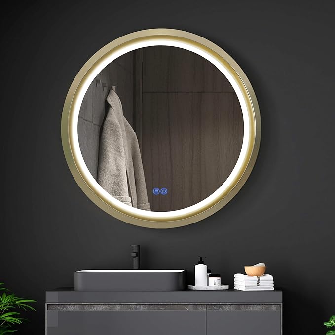 24 Inch Round LED Mirror for Bathroom, Gold Metal Frame Lighted Vanity Mirror with 3 Color Modes, Touch Dimmer - Anti-Fog Wall Mounted Circle Mirror with Lights - Fab Glass and Mirror