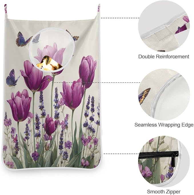 Purple Tulilp Butterfly Hanging Laundry Hamper Door Hampers Bag Basket with Stainless Steel Hooks Oxford Fabric Printing Decorative Clothes Bags 29.5X20inch 2Pack