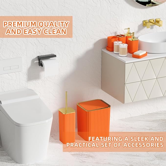 XLHOMO Bathroom Accessory Set - 26PC Bathroom Shower Curtain and Rug Set, Bathroom Accessories Set, Orange Bathroom Set with Trash Can, Toilet Brush, Qtip Holder & Soap Dispenser