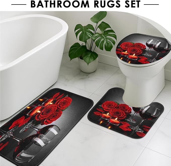 Britimes 4 Piece Shower Curtain Sets, with 12 Hooks, Red Wine Rose with Non-Slip Rugs, Toilet Lid Cover and Bath Mat for Bathroom Decor Set, 72" x 72"