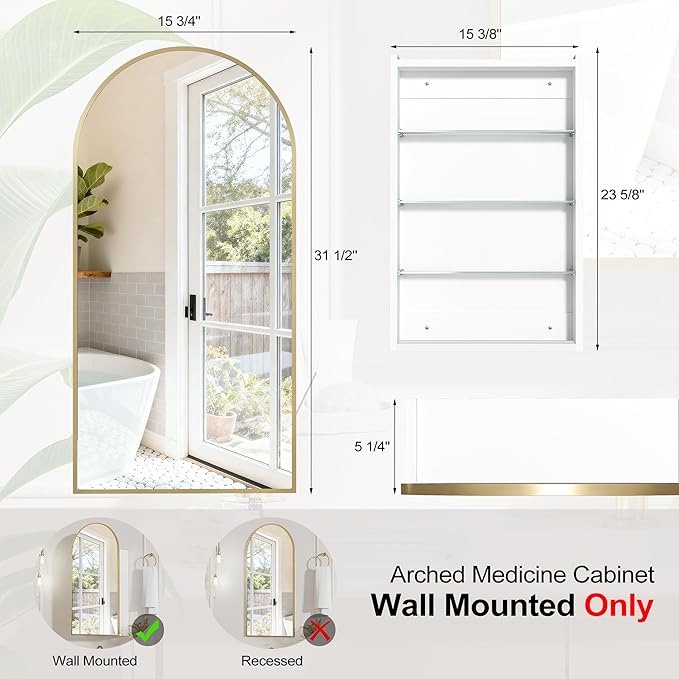 Arched Medicine Cabinet with Mirror,Brushed Gold Medicine Cabinet with Storage ,Gold Bathroom Vanity Mirror Cabinet ,Wall Mounted Only,Mirrored Medicine Cabinets for Bathroom, Laundry Room,16x32 Inch