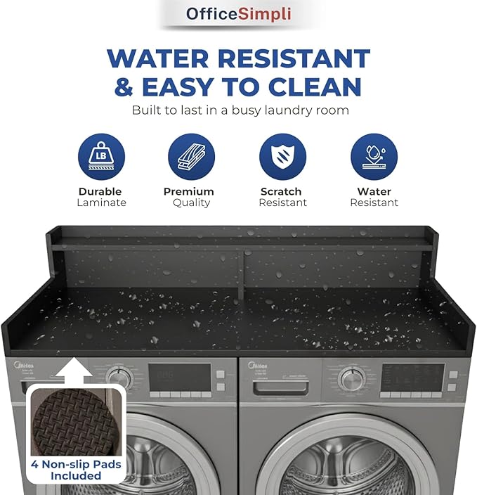 OfficeSimpli Large Washer Dryer Countertop with Shelf - 30 x 58 Inch - Made in USA Laundry Countertop Over Washer and Dryer with Non-Slip Pads, Storage Shelf, Laundry Topper Organizer, Black