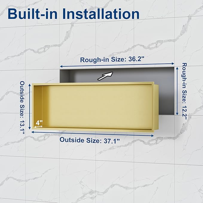 Neodrain Shower Niche, Insert Bathroom Storage Shower Shelf, Stainless Steel Recessed Wall Niche No Tiled Recessed Cabinet Waterproof for Shower Storage(Gold,36"x12")
