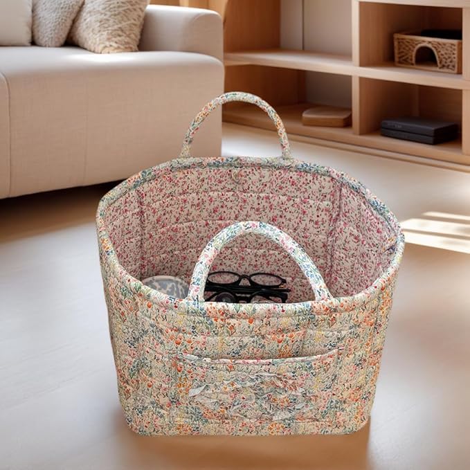 Quilted Fabric Storage Basket Boho Floral Laundry Baskets with Handles Collapsible Quilted Soft Basket for Car, Clothes, Toys Storage