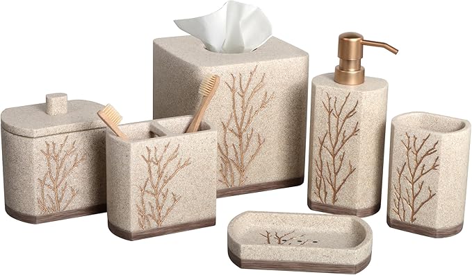 Decozen Bathroom Accessories 6Pcs Set, Soap Dispenser, Toothbrush Holders, Tumbler, Soap Dish & Cotton Swab Jar – Modern Bathroom Decor, Modern Farmhouse Decor, Countertop Accessories, Beige Brown