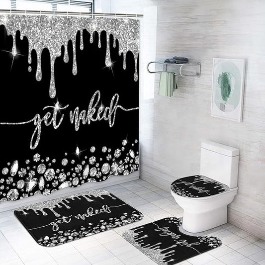 ArtSocket 4PC Silver Get Naked Shower Curtain Sets Diamond Bathroom Decor with Rugs, Non-Slip Rug,Toilet Lid Cover, Bath Mat and 12 Hooks 72x72 inches
