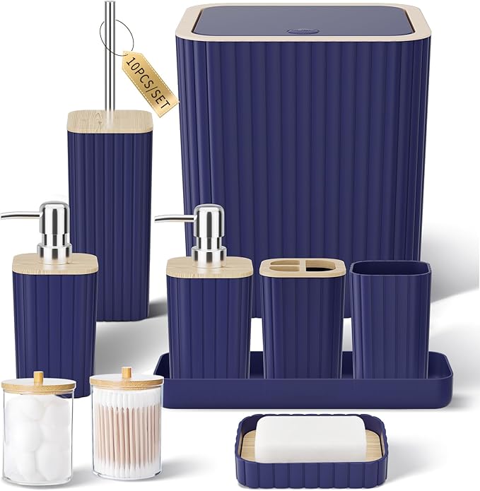 XLHOMO Bathroom Accessories Set - Elegant Blue Bathroom Set, 10PC Bathroom Accessory Set, Toilet Brush, Trash Can, Qtip Holder Dispenser & Soap Dispenser
