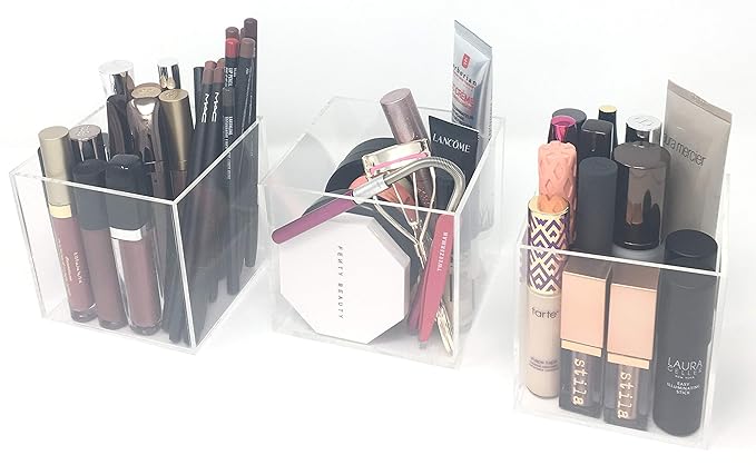 byAlegory Cosmetic Makeup Organizing Cubes Set of 3 Store Beauty Brush Lipgloss Mascara Eye Liner Lip/Eye Liner Pencils Cotton Balls Ear Swabs - Clear