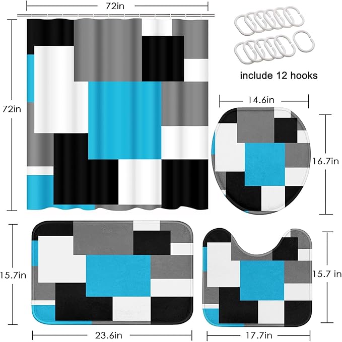 Blue Geometric Shower Curtain Set with Toilet Lid Cover and Non-Slip Rugs for Bathroom, Black White Grey Checkered 4 Pcs Shower Curtain, Modern Abstract Bathroom Set with 12 Hooks