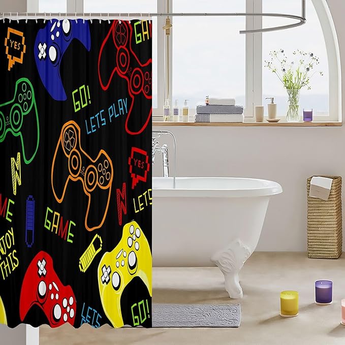 Feelyou Games Shower Curtain Gamepad Bath Curtain for Bathroom Stalls Bathtubs Gamer Video Game Comforter Gamer Console Decor Polyester Shower Curtain Set 72Wx78L Water Repellent
