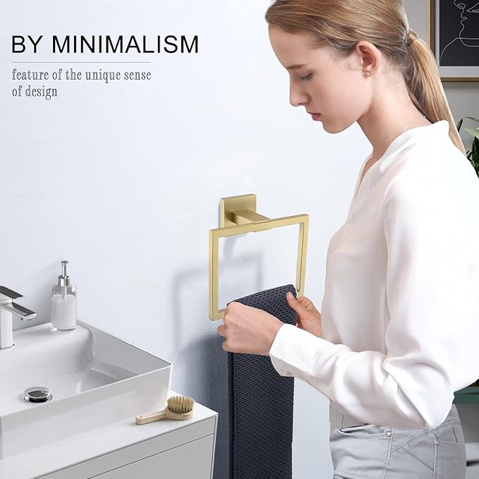 TNOMS Gold Towel Ring Modern Square Hand Towel Bar,Towel Holder for Bathroom,Wall Mount Stainless Steel