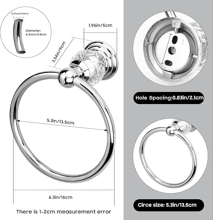 Crystal Chrome Towel Ring, Silver Bathroom Towel Holder Ring, Bathroom Towel Rack Hanger Home Hand Towel Ring Towel Holder for Bathroom Wall Mounted Bathroom Accessory