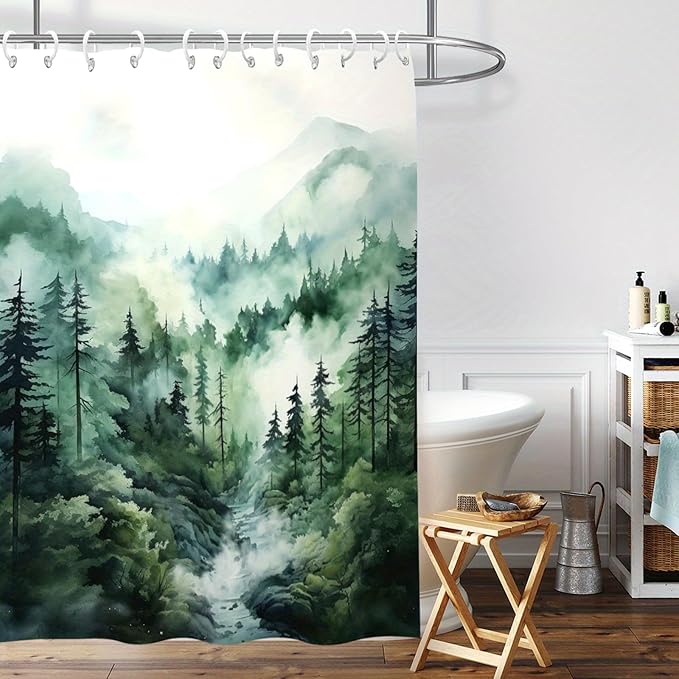 Dreamrflove Forest Mountain Shower Curtain DarkGreen Nature Misty Pine Rustic Bathroom Decorative Tree Bathroom Decor 72x72 Inch Waterproof Polyester