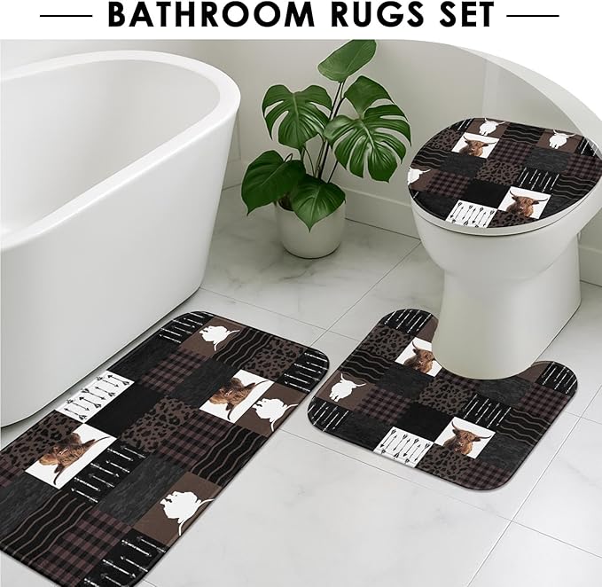 Highland Cow Farm Brown Black Checked Shower Curtain Set with Toilet Lid Cover and Non-Slip Rugs, 4 Pcs Shower Curtain with 12 Hooks, Farmhouse Bathroom Set with Rugs and Accessories