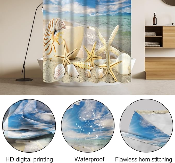 Lnond 4Pcs Summer Beach Shower Curtain Sets with Rugs, Starfish Shells Bathroom Sets with Shower Curtain and Rugs and Accessories