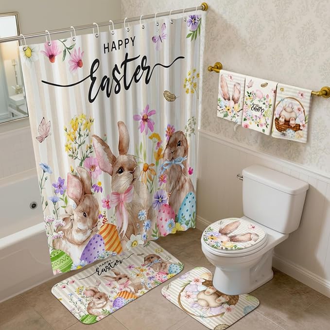 FuWeave 8 Pcs Happy Easter Shower Curtain Set for Bathroom Include Spring Floral Bunny Egg Shower Curtain Towels Non Slip Rugs Toilet Lid Cover Bath Mat and 12 Hooks for Bathroom Decor