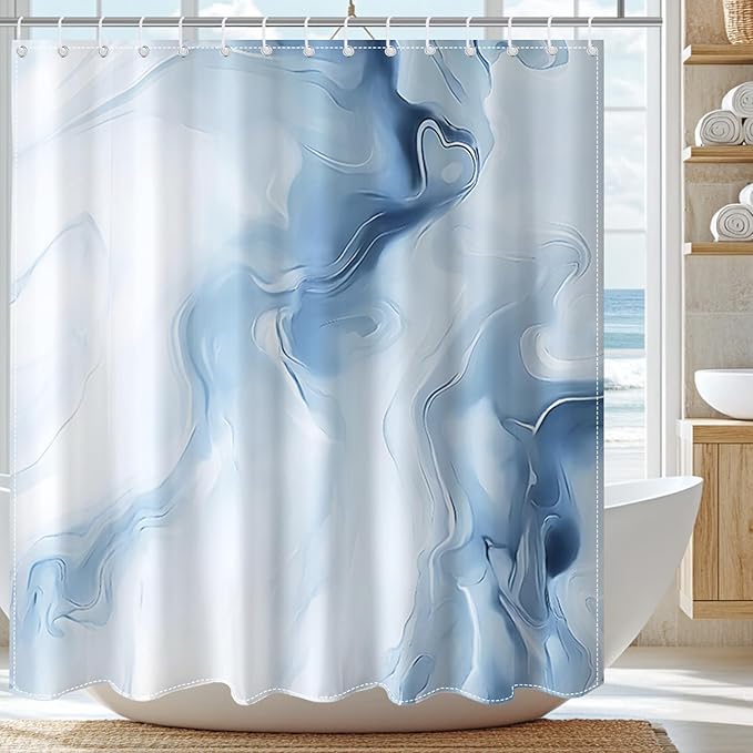 Mocsicka Blue Marble Shower Curtain for Bathroom, Abstract Blue and White Shower Curtain with 12 Hooks Modern Art Decor Waterproof Fabric Bath Curtain for Modern Bath Decor, 72 X 72 Inch