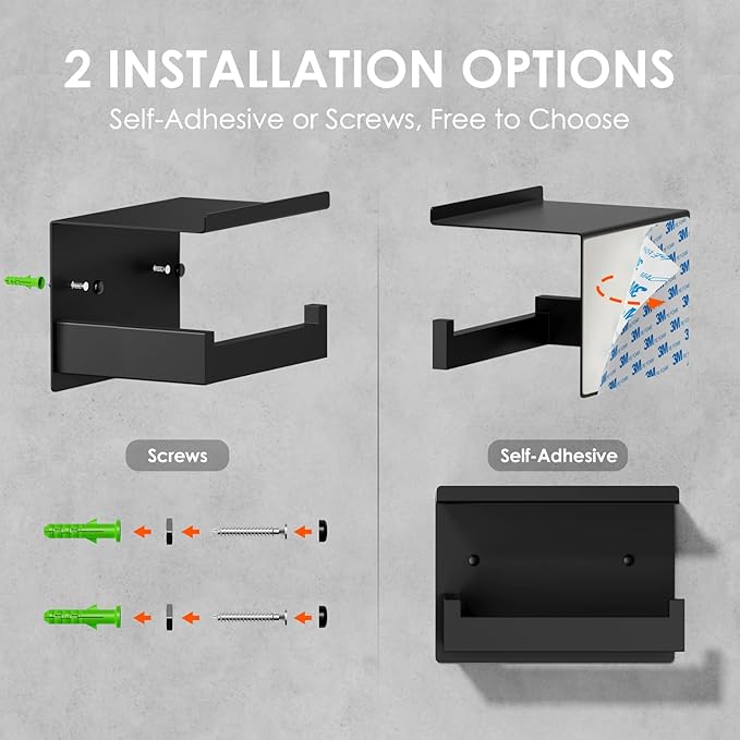 Auxmir Toilet Paper Holder with Shelf, Premium SUS304 Stainless Steel Rustproof Adhesive or Screw Wall Mounted Toilet Roll Holder, Toilet Tissue Holder for Bathroom Kitchen Washroom RV, Matte Black
