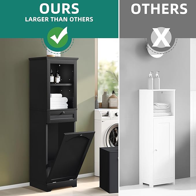 YITAHOME Tilt Out Laundry Hamper Cabinet, 53" Tall Hidden Laundry Hamper with Drawer, Bathroom Storage Cabinet Shelf with a Clothes Basket, Black