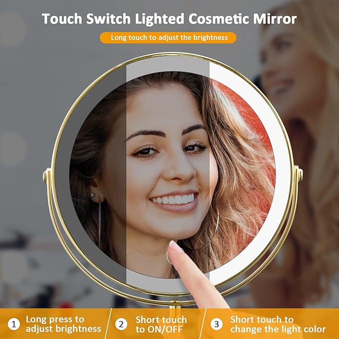 Rechargeable 8'' Lighted Makeup Mirror, 1X 10X Magnifying Vanity Mirror with 3 Color LED Lights, Touch Sensor Adjust Brightness Double-Sided Cosmetic Mirror, Gold Finish