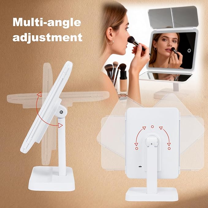 2026 Newly Upgraded Three-Sided Folding Makeup Mirror, Desktop LED Two-in-one Seashell-Shaped Three-Sided Mirror, Large Size with Adjustable Light