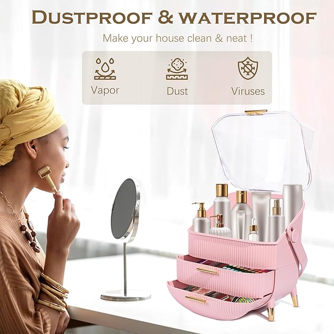 Makeup Organizer for Vanity Cosmetics Skincare Organizers with Lid and Drawers Display Cases for Countertop (Pink) | for Vanity, Organizers, with Lid, and Drawers, for Countertop