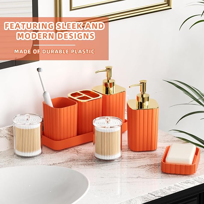 XLHOMO Bathroom Accessories Set - 25PC Bathroom Sets with Shower Curtain and Rugs, Orange Bathroom Accessories with Trash Can, Soap Dispenser, Soap Dish & Toilet Brush
