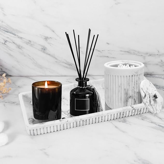 XLHOMO Resin White Marble Bathroom Accessories Set 5 Pcs, Lotion Soap Dispenser, Toothbrush Holder, Bathroom Tumbler, Qtip Holder and Vanity Tray, Bathroom Countertop Organizer Set for Home Apartment