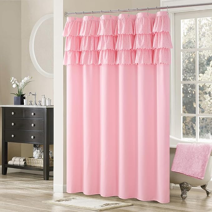 Pink Ruffle Shower Curtain with Small Holes, Girls Women Fabric Shower Curtain with Delicate Handcrafted Ruffles, Waterproof Ruched Farmhouse Decorative Bathroom Curtain, 72" W x 72" H