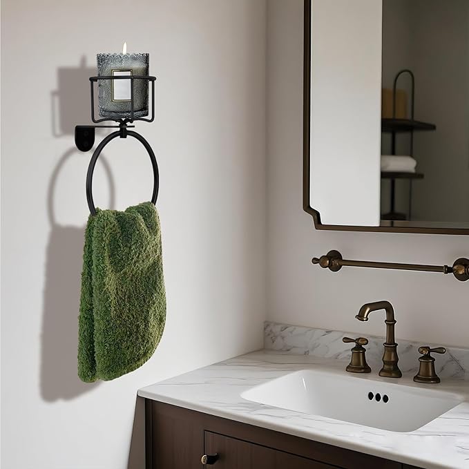 1Pcs Vintage Towel Ring with Candle Holder – Unique Antique Rustic Bathroom Accessories, Towel Holder, Wall-Mounted, Sturdy (Black)