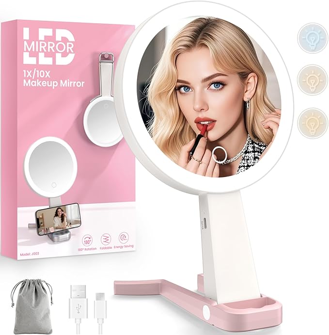 Magnifying Mirror with Light, Double-Sided 10X/1X Lighted Makeup Mirror with Magnification, Rechargeable Makeup Mirror with Lights, 3 Color Lighting, 3 in 1 Tabletop/Handheld/Hanging Travel Mirror