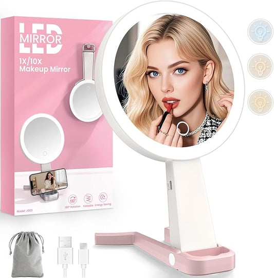 Magnifying Mirror with Light, Double-Sided 10X/1X Lighted Makeup Mirror with Magnification, Rechargeable Makeup Mirror with Lights, 3 Color Lighting, 3 in 1 Tabletop/Handheld/Hanging Travel Mirror