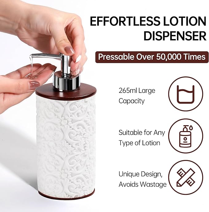 YMXYJM Bathroom Accessories Set, Elegant Handmade Floral Pattern, 5 Pcs Bathroom Accessory Set, Soap Dispenser, Toothbrush Holder, Qtip Holder, Complete Bathroom Sink Set, White