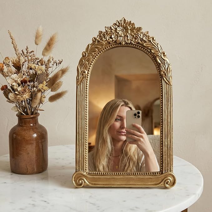 Small Gold Vintage Mirror for Desktop, 10" x 7" Antique Tabletop Vanity Mirror with Stand, Ornate Embossed Decorative Makeup Mirror for Dresser, Bedroom Aesthetic Room Decor