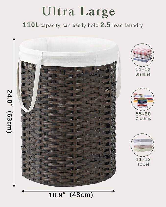 SETVSON Laundry Basket Round Rattan Laundry Hamper 29.1 Gal(110 L) Handwoven Large Wicker Basket with Handles, Wicker Hamper with Removable Bags and 2 Mesh Bags for Bathroom Living Room Brown(No Lid)