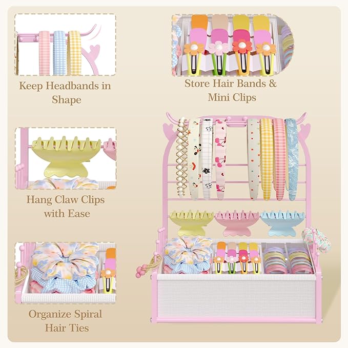 Hair Accessories Organizer for Girls, Headband Holder Stand with Storage Base, Deer Antler Display for Headbands, Scrunchies, Bows & Clips, Cute Vanity Organizer, Pink