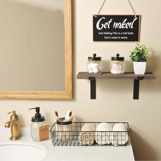 SheeChung Mason Jar Bathroom Accessories Set with Floating Shelves, Soap Dispenser, Toothbrush Holder, Qtip Holders, Paper Storage, Artificial Plant, Decor Sign, Farmhouse Bathroom Decor-Rustic Brown