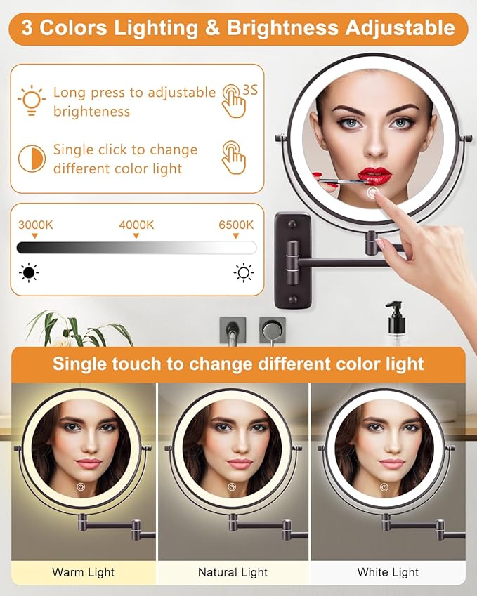 DECLUTTR 9 Inch Wall Mounted Lighted Makeup Mirror, Double-Sided Magnifying Mirror 1x/10x, 3 Colors Lighted Makeup Mirror, Touch Dimmable 360° Rotation Foldable Light Up Mirror, Bronze